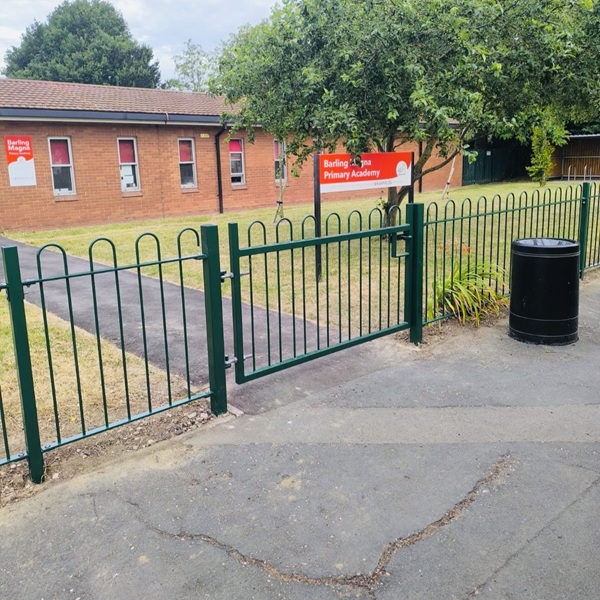 Bow top railings and single gate in green